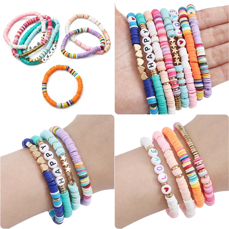 Polymer Clay Beads Jewelry Making Kit 4/6mm Natural Shells Alphabet Letter Heart Eye CCB Beads with Elastic String for Crafting