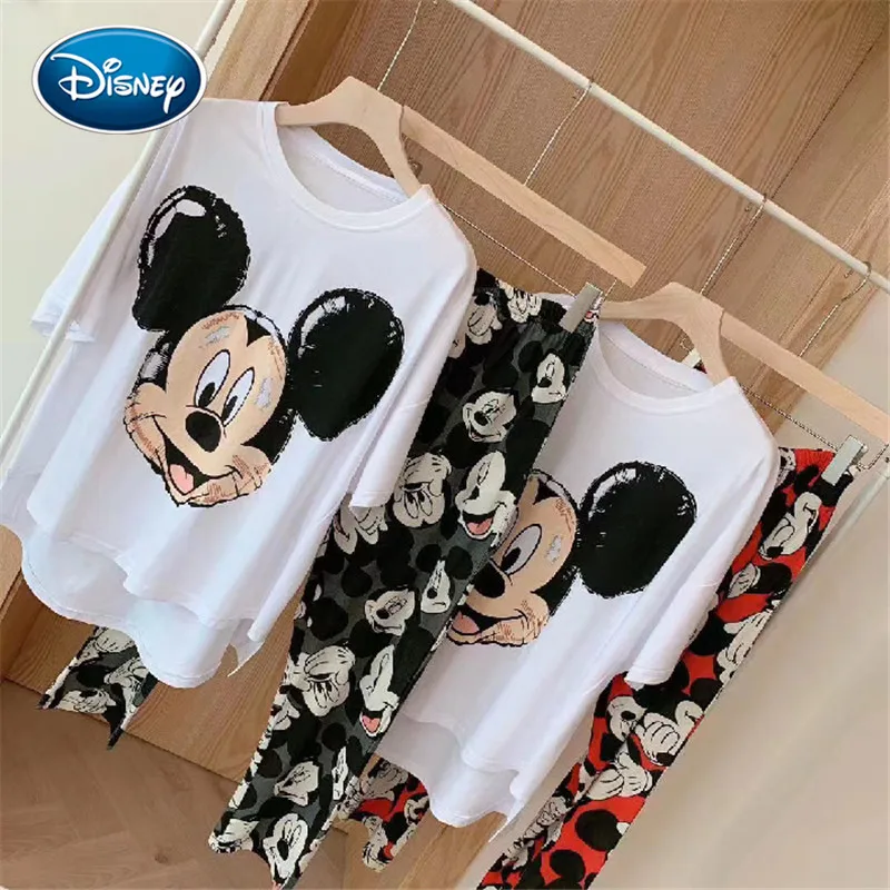 Disney Mickey Avatar Home Service Female Summer Short Sleeve Trousers Pajamas Female Cartoon Mickey Print Pajamas