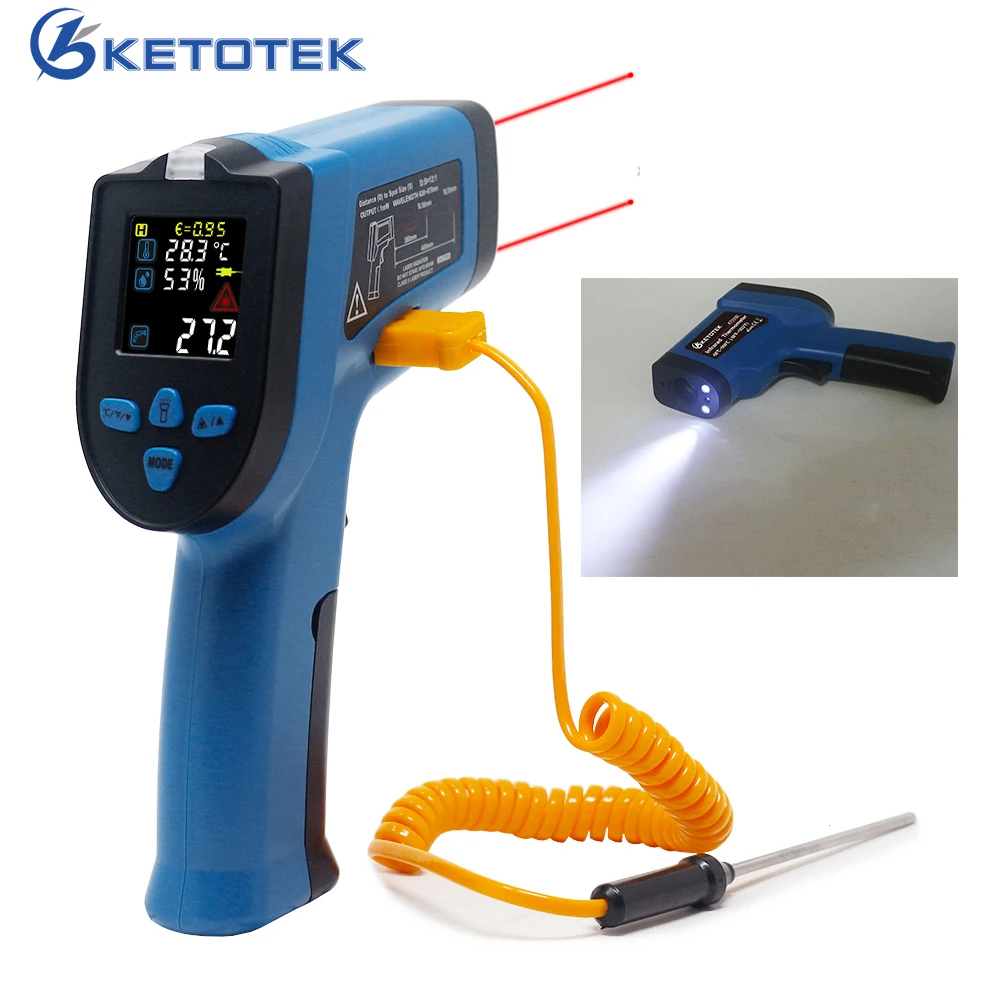 Non-Contact Digital Infrared Thermometer Laser Pyrometer Temperature Humidity Meter C/F NCV Detecting With K Type Thermocouple