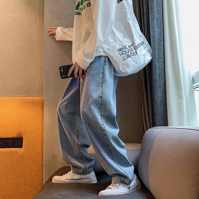 New mens jeans men's trend loose solid simple straight pants casual cool versatile floor long pants streetwear denim