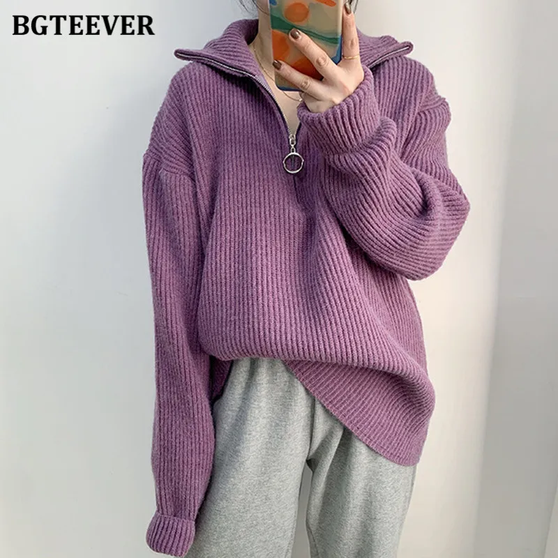 

BGTEEVER Thick Turtleneck Zippers Women Sweaters Jumpers for Women 2021 Autumn Winter Loose Full Sleeve Female Knitted Pullovers