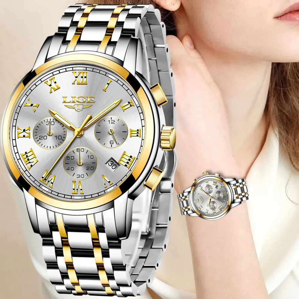 LIGE Women\'s Watches Ladies Quartz Watch Waterproof Stainless Steel Strap Chronograph Watch for Women Fashion Watch Bracelet Set