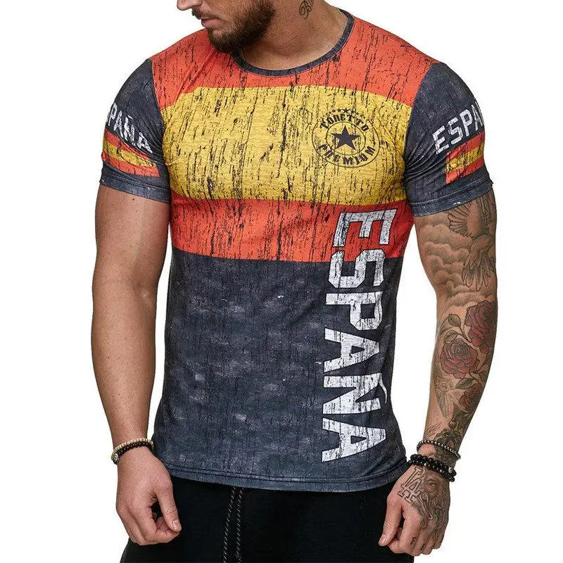 2021 Summer spain Flag Men's Casual Fashion T-shirt Round Neck Cool and Lightweight Slim Fit Muscle Man's T-shirt Fitness