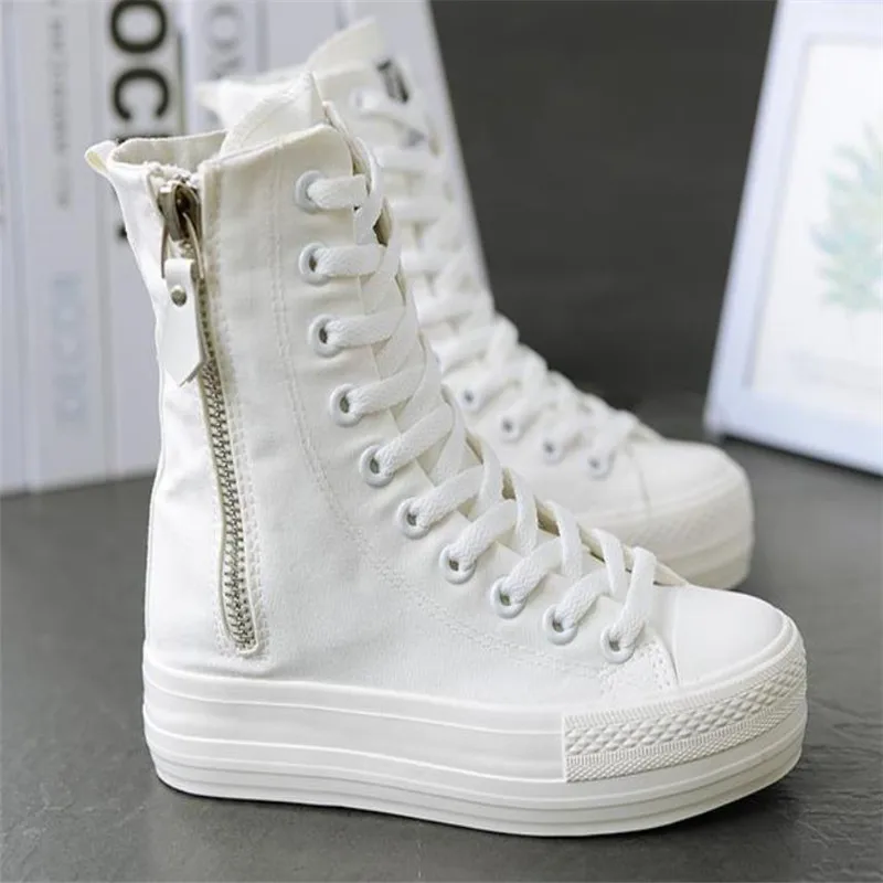 Women Sneakers High Top Flat Canvas Shoes With Zip Side Canvas Shoes Flat Woman Platform Leisure boots