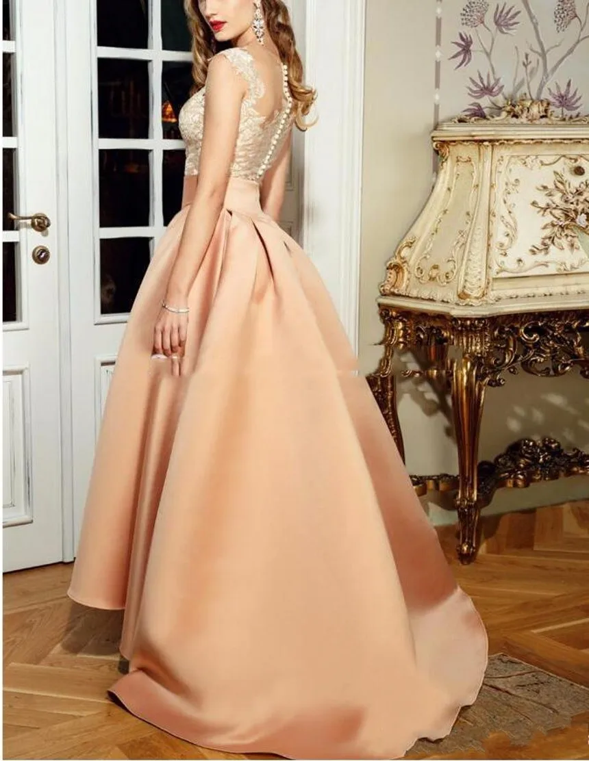Hi Lo Champagne Evening Dress 2025 Sheer Neck Lace Appliques Top Prom Illusion Back Formal Gowns Vestidos de feast