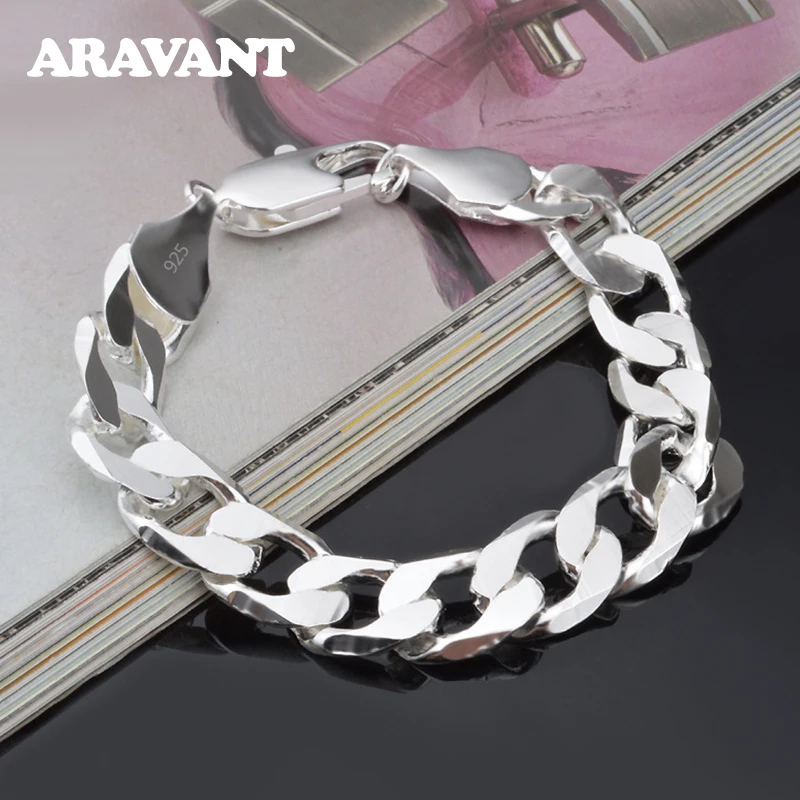 Aravant 925 Silver 12MM Bracelet Chain For Men Women Fashion Jewelry