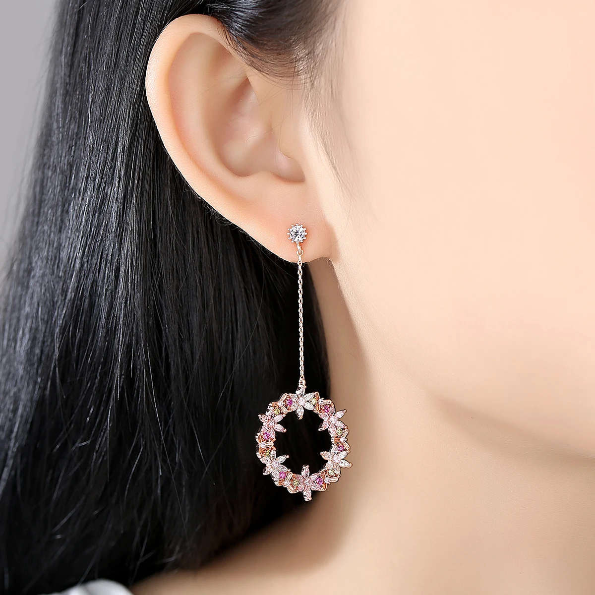 LUOTEEMI Fancy Multiple Flower Long Drop Dangle Earring for Girl Korean Fashion Cubic Zircon Bridal Wedding Christmas Jewelry