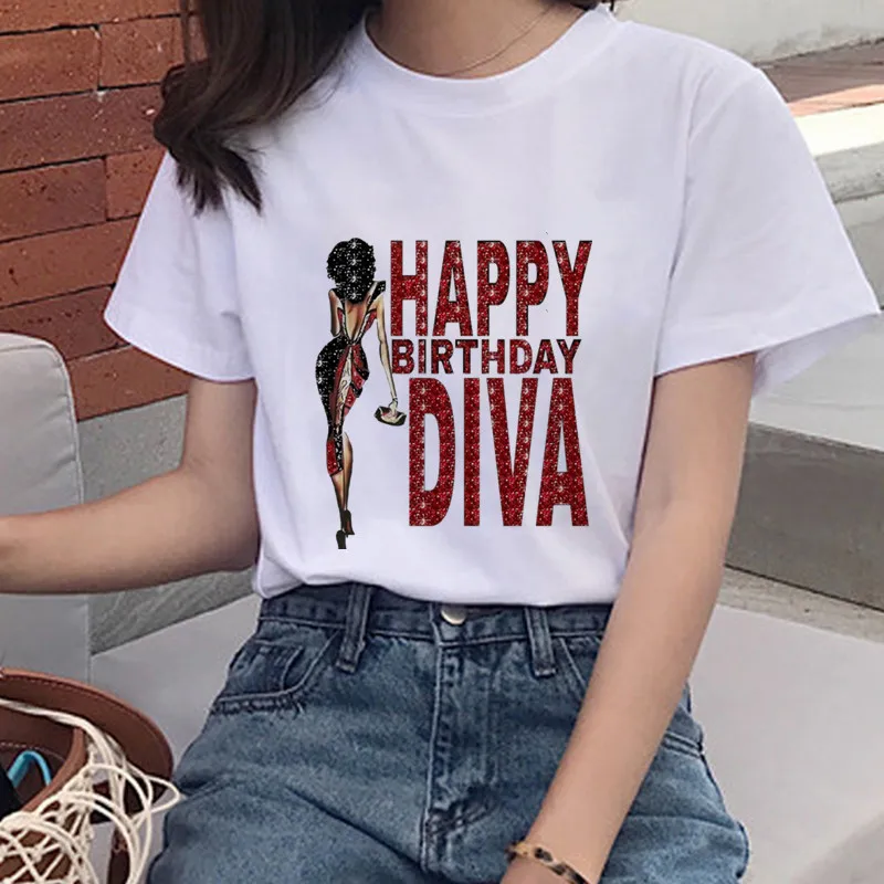 Women's Happy Birthday DIVA Print Fashion T-shirt Cartoon Girl Harajuku Short Sleeve T-shirt Girl Casual Top T-shirt Tee Female