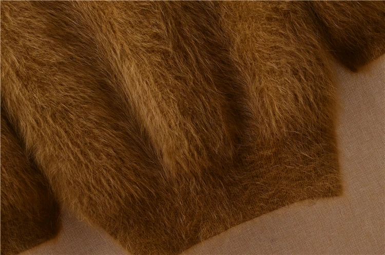Korean women\'s short brown sweater Plush Angora rabbit hair knitted waist closed foam sleeve o-neck sable coarse pullover