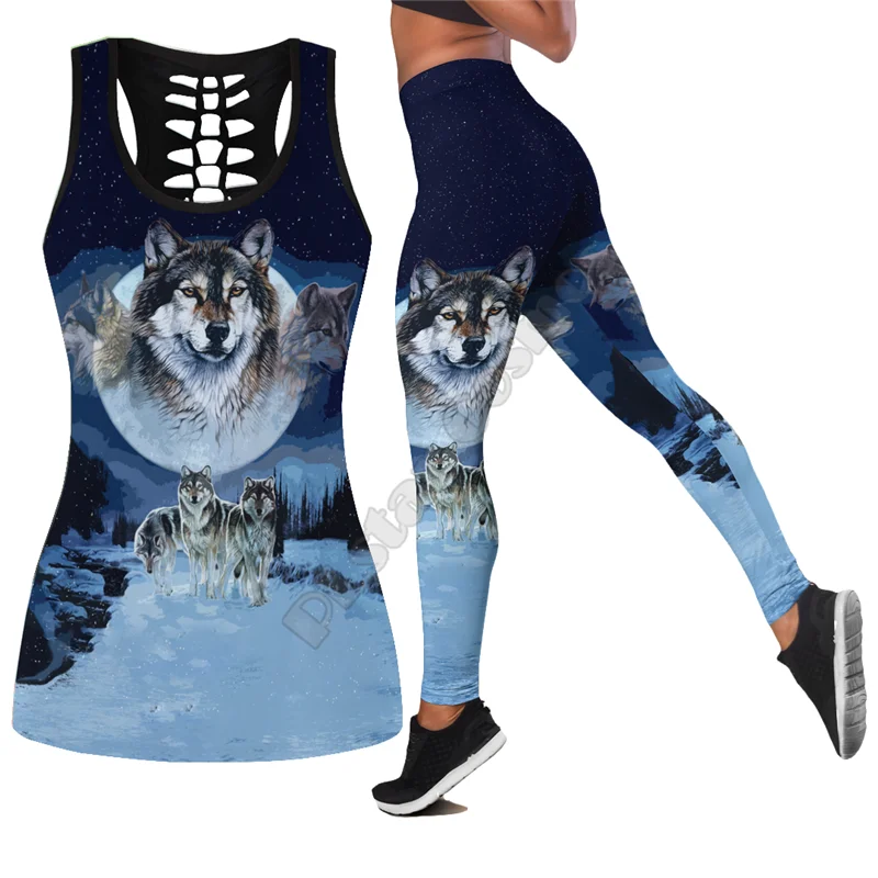 Beautifull White Wolf 3D All Over Printed Legging Hollow Tank Combo Suit sexy Yoga Fitness Soft Legging Summer Women For Girl 01