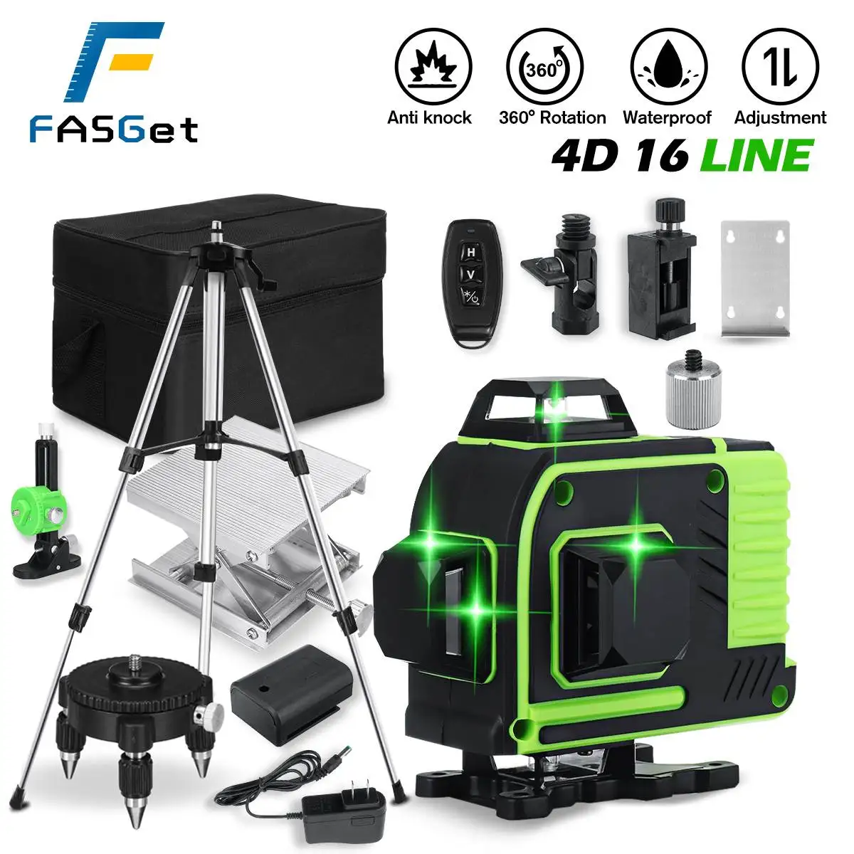 FASGet 4D Laser Level 16 Vertical Horizontal Cross Lines Self-leveling Laser Levels 360 with Extension Bar Tripod Stand