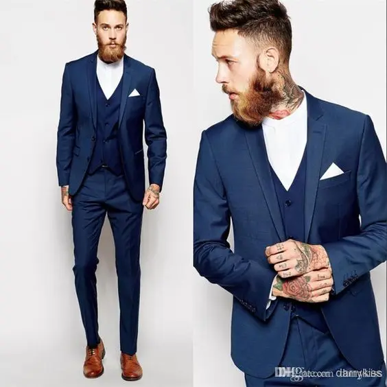 

Hot Selling Navy Blue Business Men Suits 3 Pieces (Jacket+Pants+vest) Wedding Groomsmen Best Man Formal Suit for Men