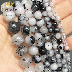 Natural Stone Black Rutilated Quartz Round Loose Beads For Jewelry Making DIY Bracelet Earrings Accessories 15'' 4/6/8/10/12mm