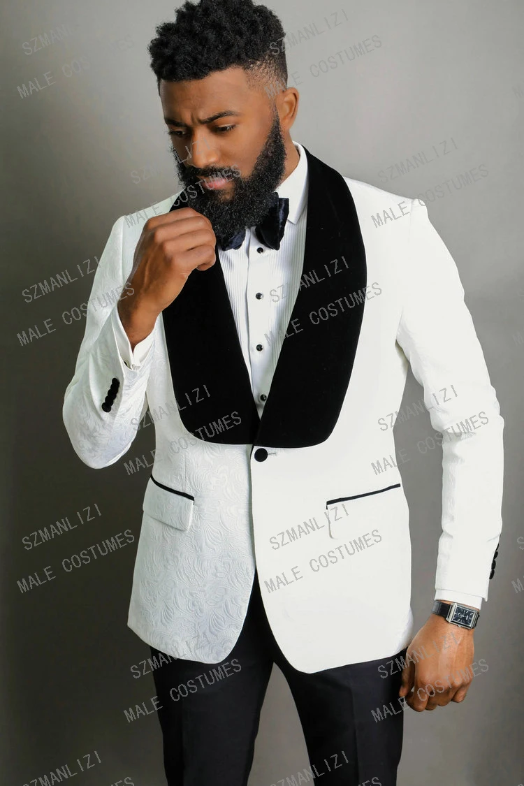 

SZMANLIZI MALE COSTUMES Latest Design White Coat Black Pant Floral Formal Men Suits For Wedding Terno Masculino Slim Fit Tuxedo