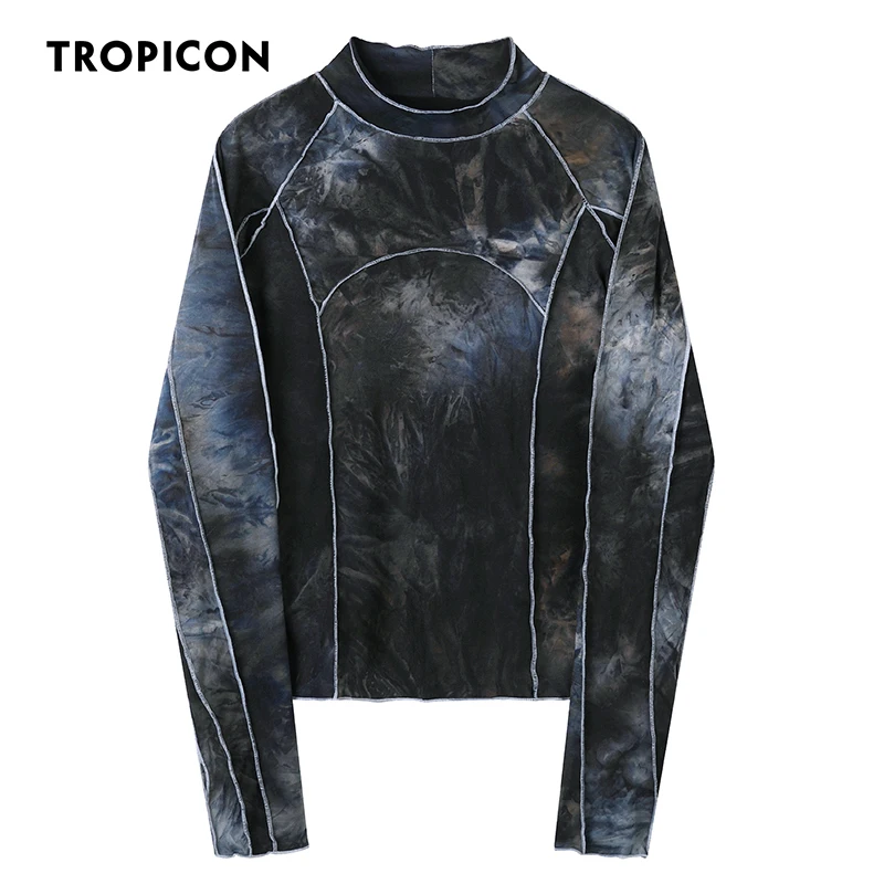 TROPICON Tie Dye Grey Black Turtleneck Woman Tshirts Bodycon Long Sleeve Top Women 2020 Fall Fashion Tee Shirt Femme Clothing