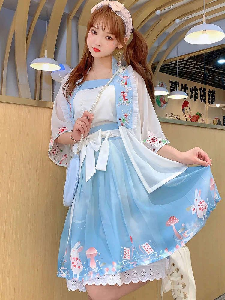 

Hanfu Summer Chinese Style Lolita Hanfu Dress Ancient Traditional Song Dynasty Princess Cosplay Girl Rabbit Embroidery Skirt Set