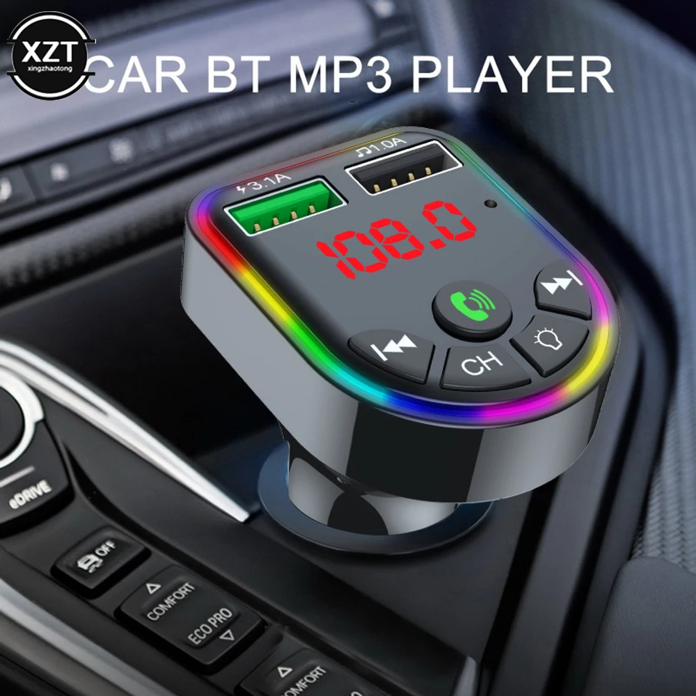 F5 Car MP3 Player Ambient Light Car Cigarette Lighter Bluetooth 5.0 FM Transmitter Car Fast Charger Dual USB TF U Disk Play