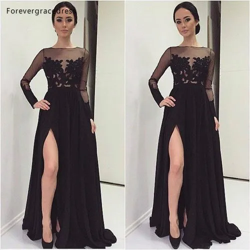 

Elegant Black Long Sleeves Bridesmaid Dress Appliques Side Slit Formal Maid of Honor Gown Plus Size Custom Made