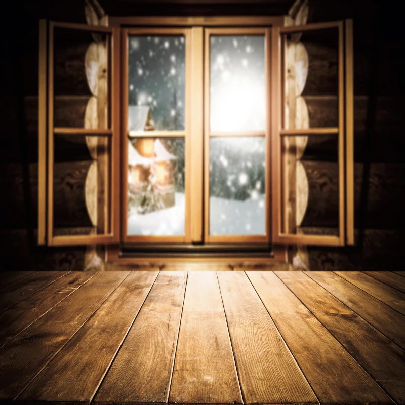 Laeacco Зимний снег Сельский старый с изображением деревянной двери и окна Пол Вечерние Детские сценические фотографии фон для фотостудии