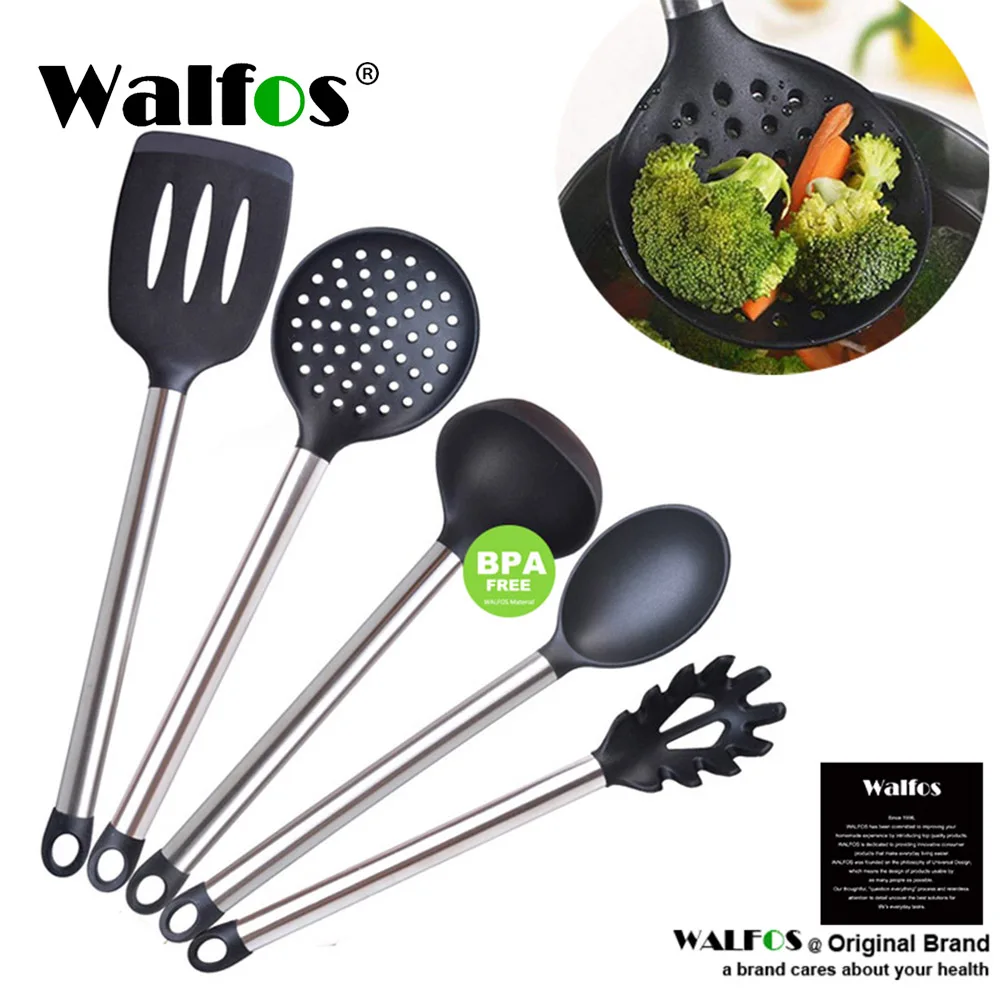 

WALFOS Food Grade Non-Stick Silicone Cooking Spoon Soup Ladle-Egg Spatula Turner Kitchen Tools Stainless Steel Cooking Tool Set