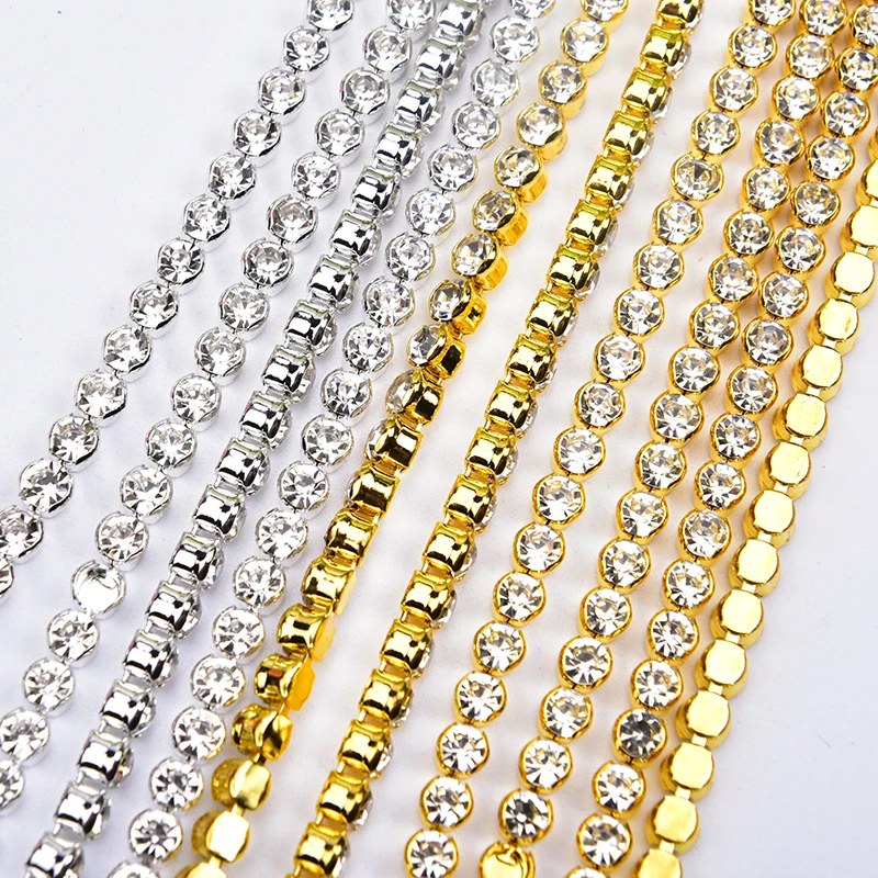 Gold Silver Base Glass Rhinestone Dense Non-claw Chain Pearl Cup Chain Trim Sewing for Clothes Bags Shoes Decoration Accessories