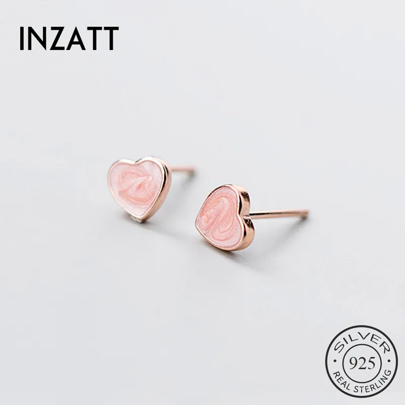 INZATT Real 925 Sterling Silver Pink heart Stud Earrings For Fashion Women Party Minimalist Fine Jewelry Cute Accessories