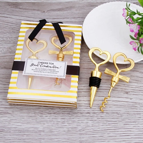 20Pcs/lot=10Boxes Wedding gift favors Heart Love Bride and Groom Wine Bottle Opener and Stopper Set For wedding souvenirs gift