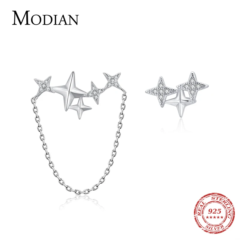 

Modian 2021 New Trendy 925 Sterling Silver Asymmetry Dazzling Clear CZ Stars Chain Stud Earrings For Women Party Jewelry Brincos