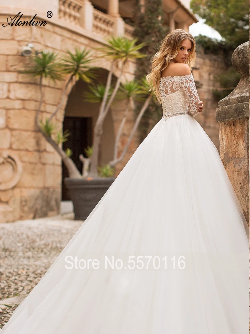 Alonlivn High-end Vestido de Noiva Boat Neck Elegant Tulle A-Line Wedding Dress Bride Skirts