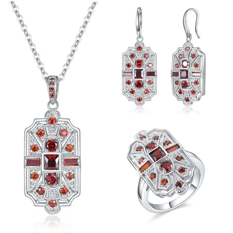 Woman Fashion Art Style Blue Stone Crystal Necklace Earrings Ring Jewelry Sets Bridal Engagement Wedding Gifts