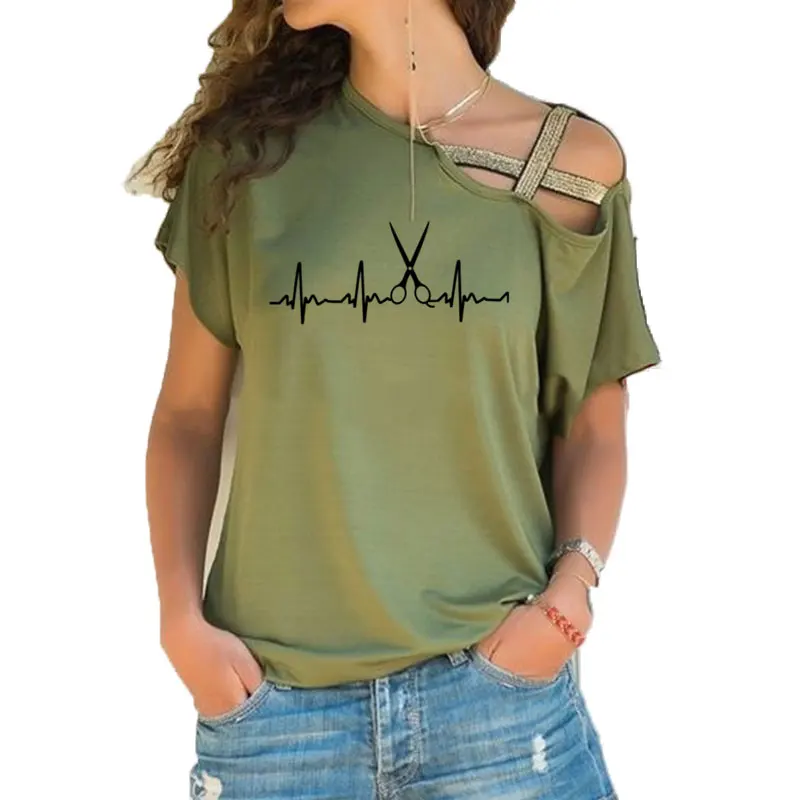 New Summer Heartbeat Hairdresser T Shirt Women Short Sleeve Girls Tshirt Barber T-shirt Irregular Skew Cross Bandage Tee