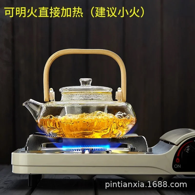 Bamboo-wood Glass Tea-making Teapot Hand-thickened Tea Pot with Filter Liner Flower Can Be Heated By Electric Pottery Oven F