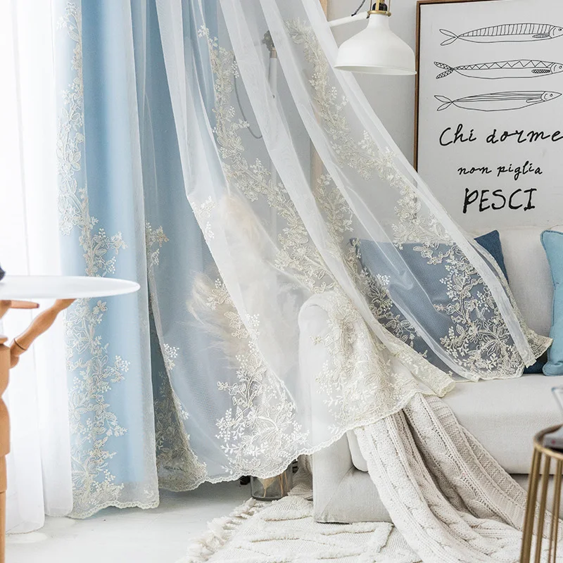 Embroidered Luxury Tulle Curtains For Living Room Bedroom Floral Voile Sheer Window Screen Curtain for Kitchen Blinds Drapes