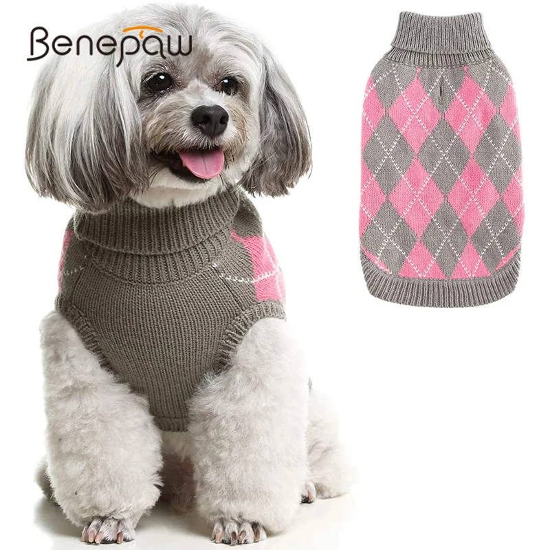 Benepaw Fashional Plaid Dog Sweater Turtleneck Knitwear Winter Warm Pet Clothes For Small Medium Large Dogs Machine Washable