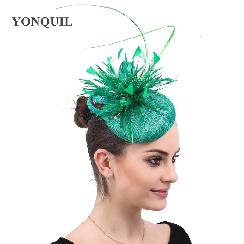 Womens Feathers Headwear Dress Fascinator Green Sinamay Hat Party Wedding Occasion Cap FedorasLadies Femele Hair Accessories