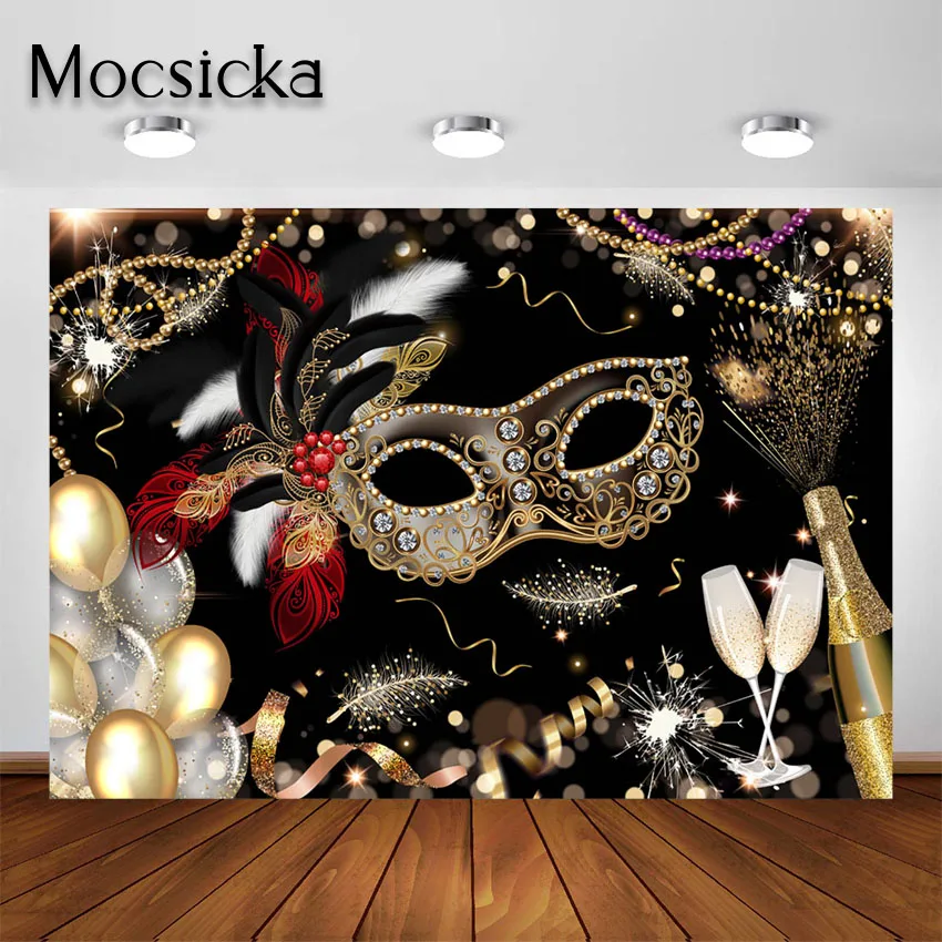 

Mocsicka Masquerade Party Backdrop Gold and Black Mask Champagne Carnival Mardi Gras Birthday Party Background Decorations