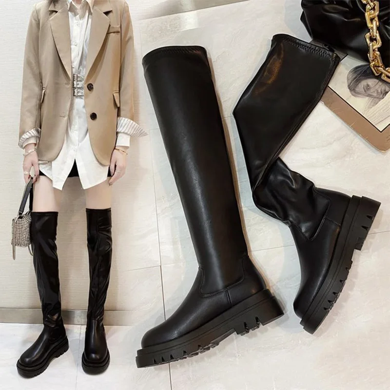 Women\'s Ankle Shoes Mid Calf High Long Boots Platform Non Slip PU Leather Soft New Ladies Fashion Spring Autumn Fur Black Female