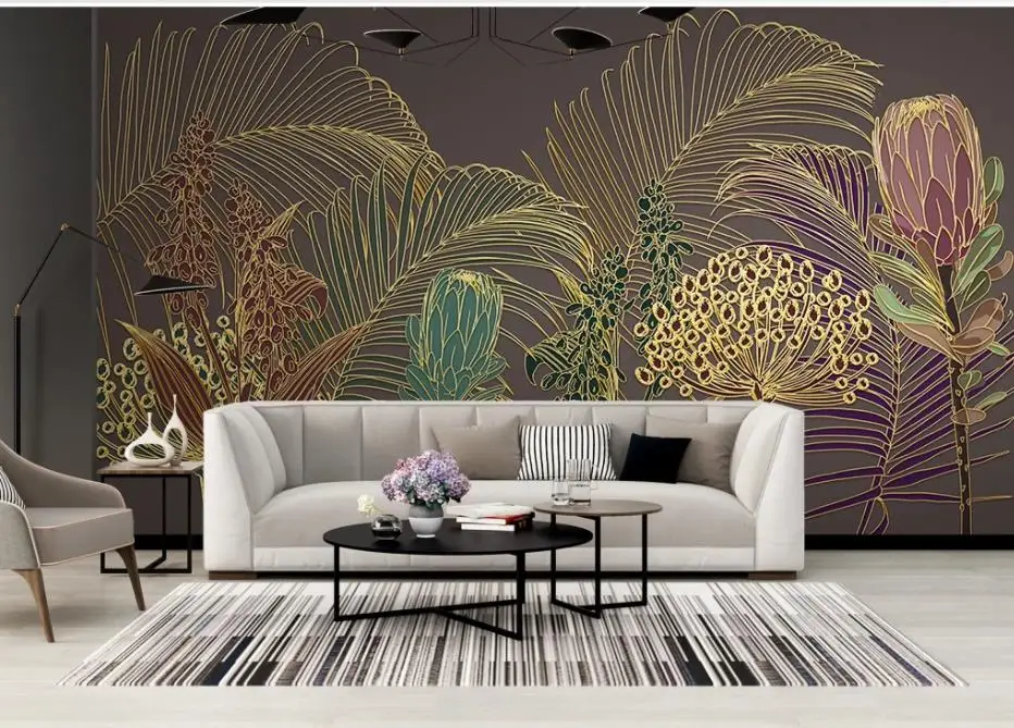 

beautiful scenery wallpapers Modern minimalist light luxury relief line drawing plant leaf background wall