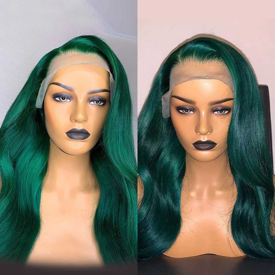 

26 Inches Green Color Body Wave Lace Frontal Wig For Women Human Remy Hair With Baby Hair Preplucked Brazilian Can Dye Straight