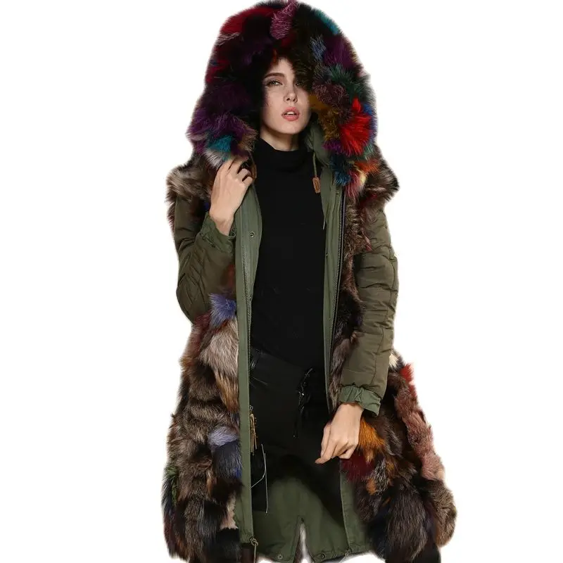 Brown Colorful Fox Fur Parka,Long Style Fashion Winter Fox Fur Mrs Jacket For Ladies Fox Fur Outwear Mulitcolor Mr Fur Parka