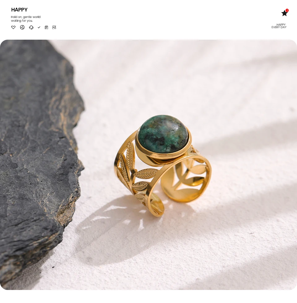Yhpup Stainless Steel Green Natural Turquoise Opening Ring Statement Golden 18 K Plated Ring bague acier inoxydable Gift New