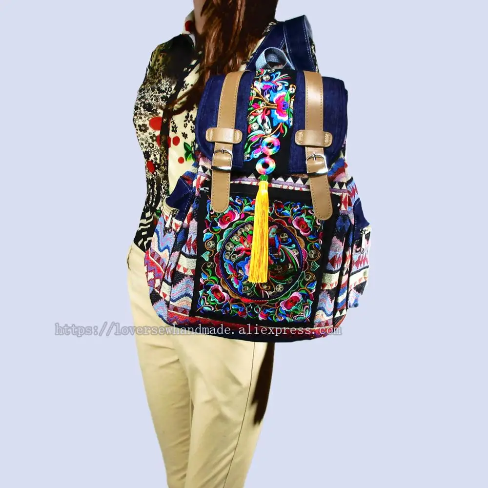 Mochila de viaje colorida Hippie Vintage Tribal para mujer, bolso bordado con dije de pompón, mochila étnica bohemia Hmong 174, 595