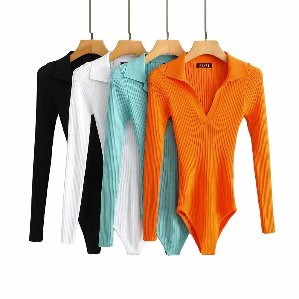 

One Piece Women Knitted Solid Turn-down Collar Long Sleeve Black White Orange Blue V Neck Bodysuit Bodycon Jumpsuit