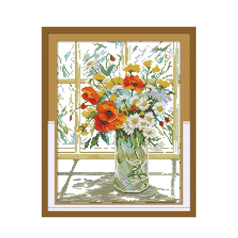 On windowsill cross stitch kit flower 18ct 14ct 11ct count printed canvas stitching embroidery DIY handmade needlework