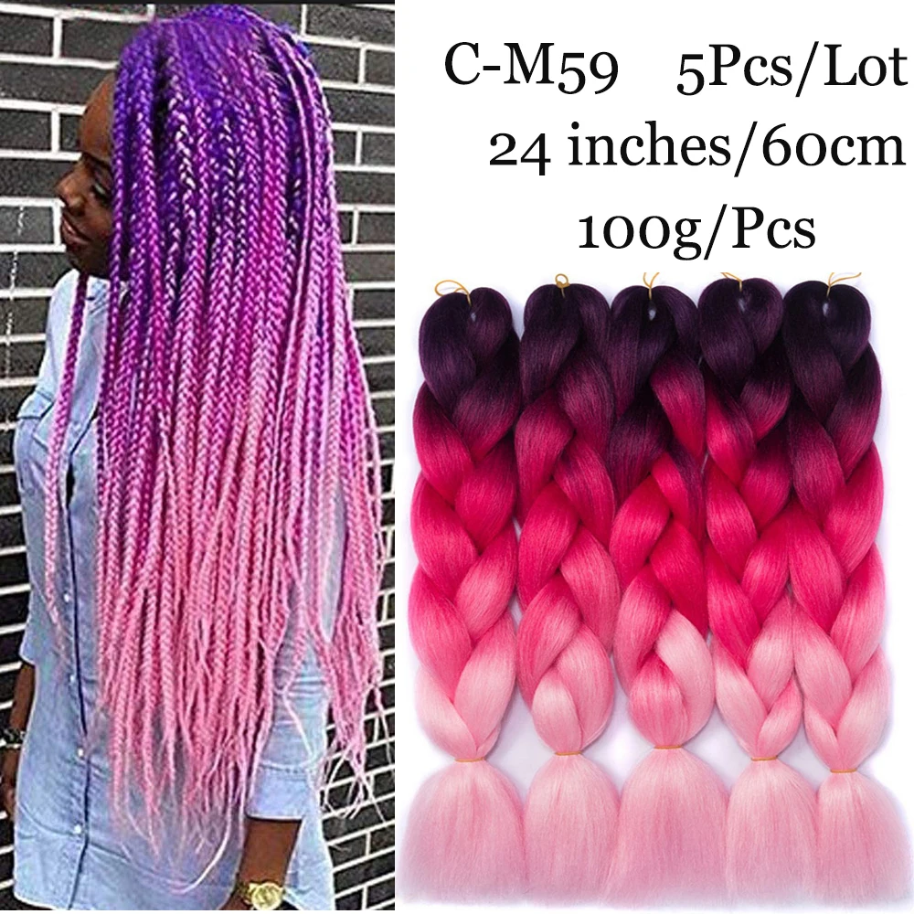 24 inch Ombre Crochet Braiding Hair Extensions Synthetic Braids Hair Yaki Soft Jumbo Braid Hair Pink Green Blue 5pcs/lot