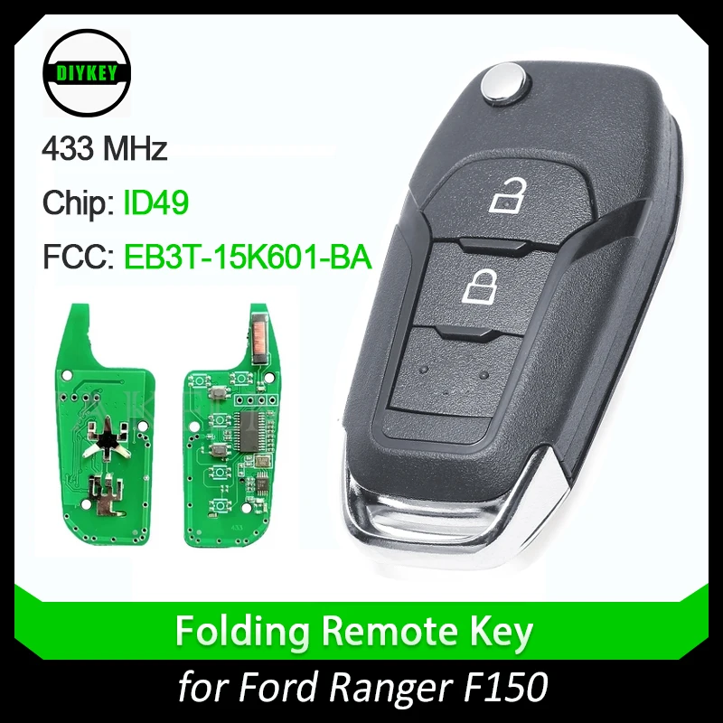 

Ключ DIYKEY для Ford Ranger F150 2015-2018, чип ID49, 2 кнопки, дистанционный Автомобильный ключ, FSK EB3T-15K601-BA 433 МГц PCF7945P