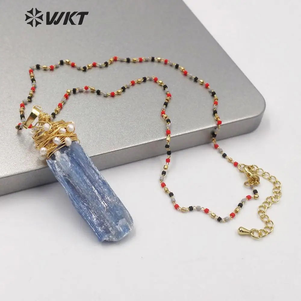 WT-N1217 Amazing Natural Raw Blue Kyanite Stone Necklace For Boho Style Women Wholesale Wire Wrapped Handmake Accessories