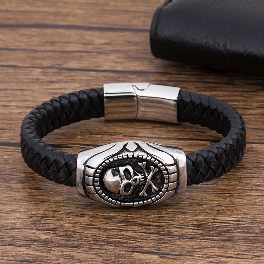 TYO Fashion Charm Stainless Steel Magnetic Black Genuine Leather Braided Men Bracelet Jewelry Skull Rope Wholesale Accessories