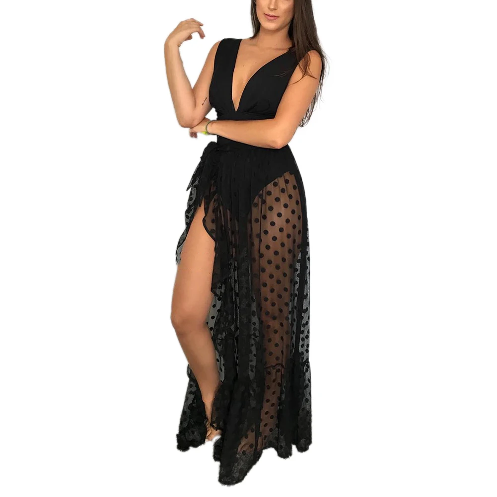 Women Sexy Sheer Beach Holiday Bikini Cover Up Wrap Skirt Vacation Holiday Dot Summer See Through Bathing Suit