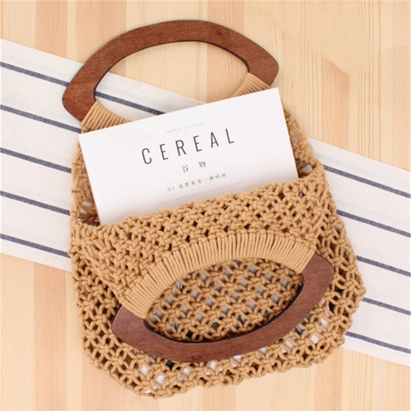 

INS New Handmade Cotton Rope Beach Bag for Women Hollow Portable Bag Summer Vacation Travel Tote Bag IL00595